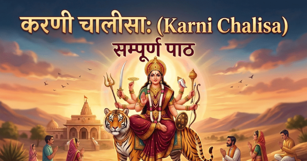 Goddess on tiger, devotees in prayer.